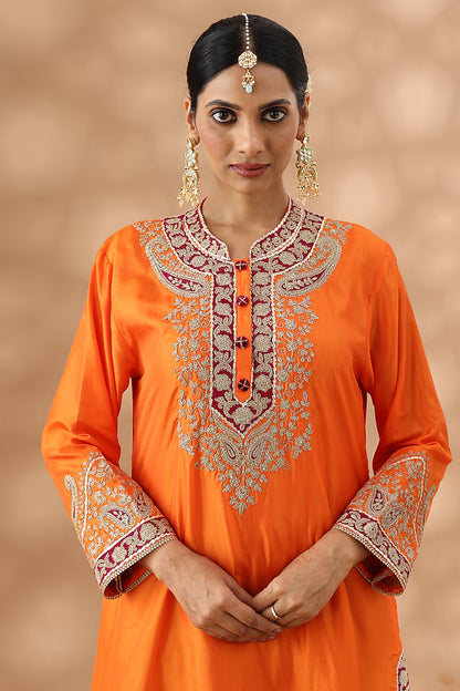 Orange Silk Kasab Embroidered Kurta Set