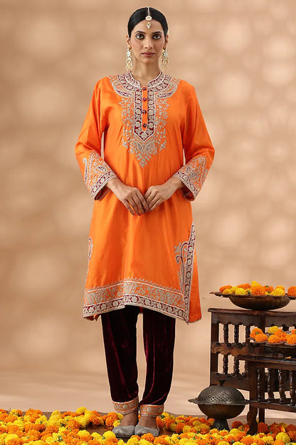 Orange Silk Kasab Embroidered Kurta Set