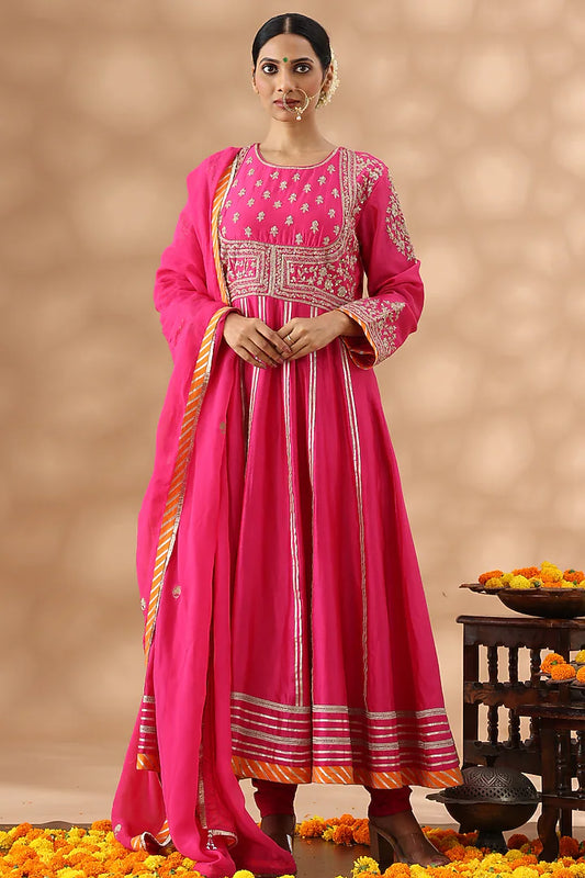 Hot Pink Banarasi Chanderi Kasab Embroidered Anarkali Set