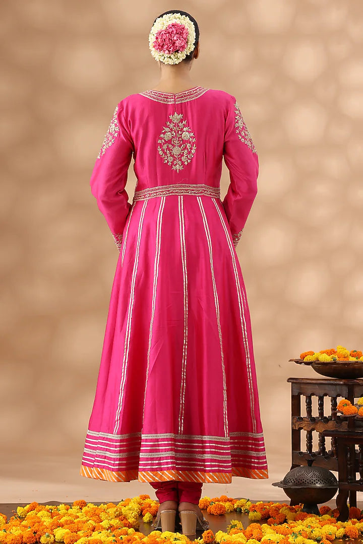 Hot Pink Banarasi Chanderi Kasab Embroidered Anarkali Set
