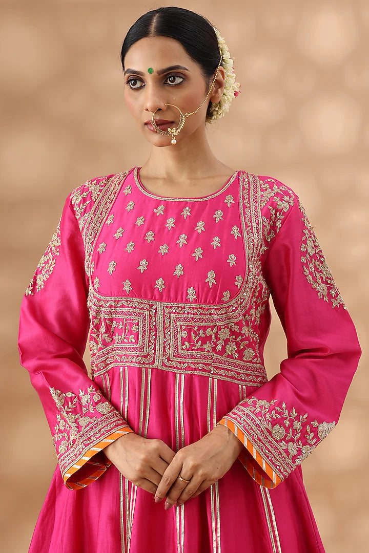 Hot Pink Banarasi Chanderi Kasab Embroidered Anarkali Set