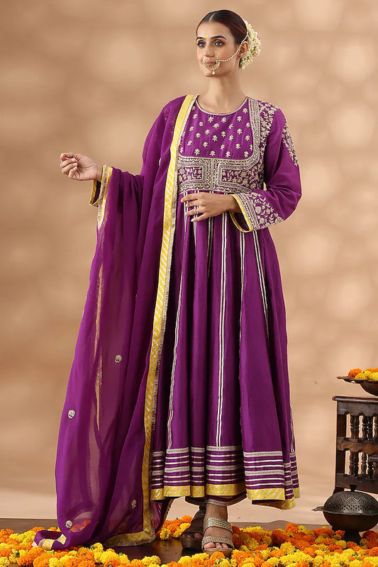 Warm Purple Banarasi Chanderi Kasab Embroidered Anarkali Set