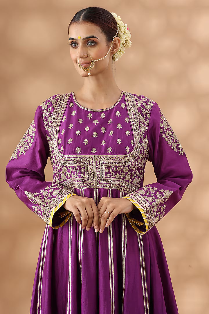 Warm Purple Banarasi Chanderi Kasab Embroidered Anarkali Set
