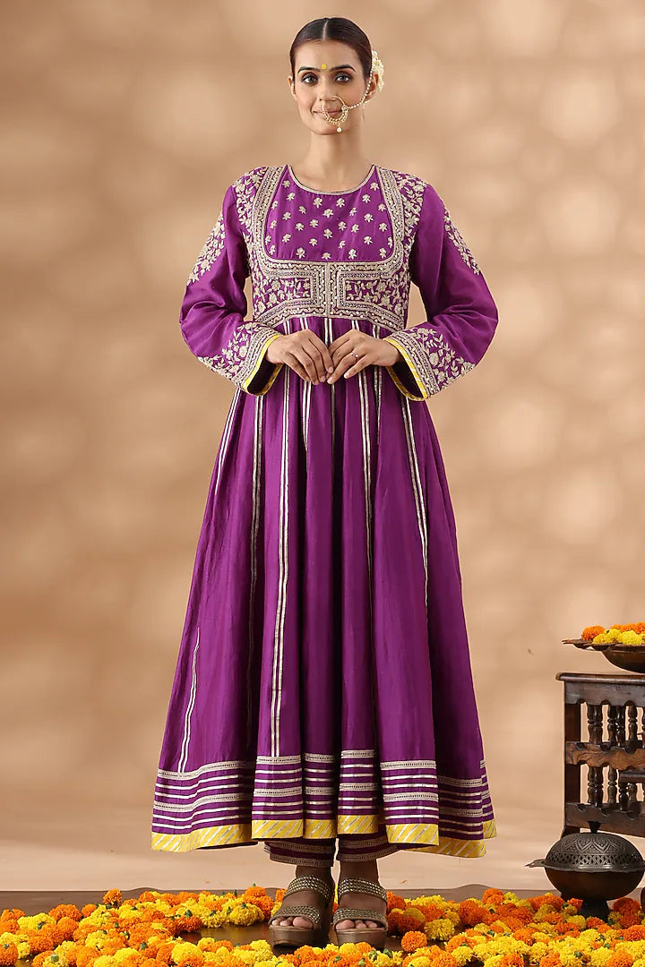 Warm Purple Banarasi Chanderi Kasab Embroidered Anarkali Set