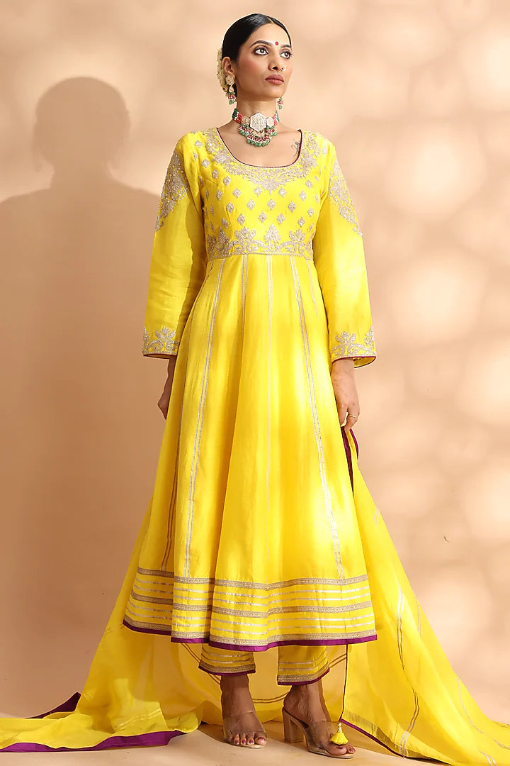 Banana Yellow Banarasi Chanderi Kasab Embroidered Anarkali Set