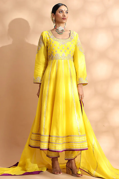 Banana Yellow Banarasi Chanderi Kasab Embroidered Anarkali Set