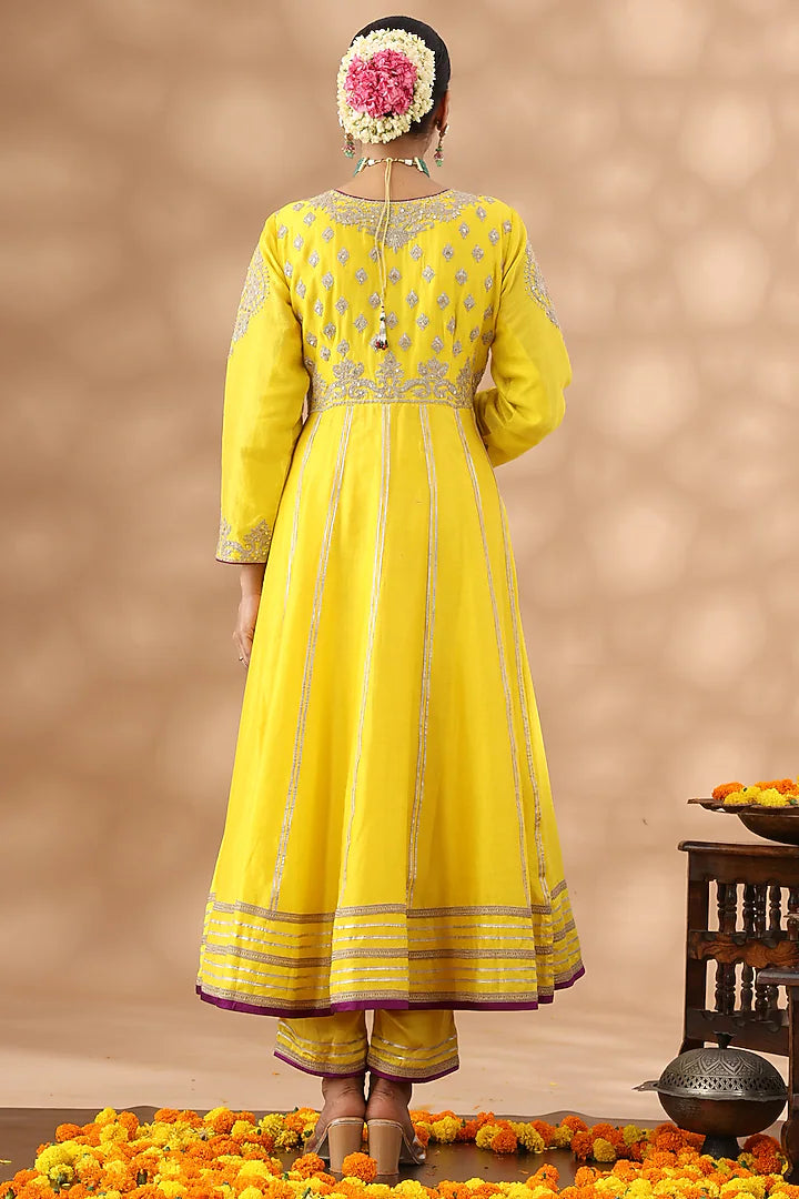 Banana Yellow Banarasi Chanderi Kasab Embroidered Anarkali Set