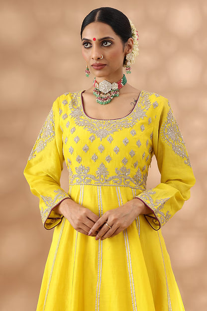 Banana Yellow Banarasi Chanderi Kasab Embroidered Anarkali Set