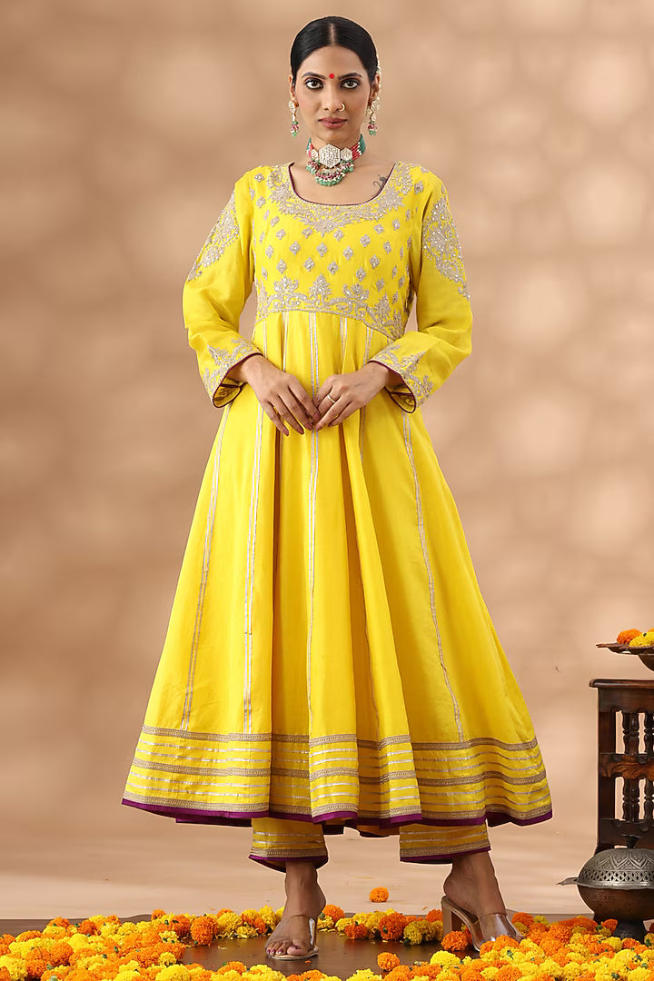 Banana Yellow Banarasi Chanderi Kasab Embroidered Anarkali Set