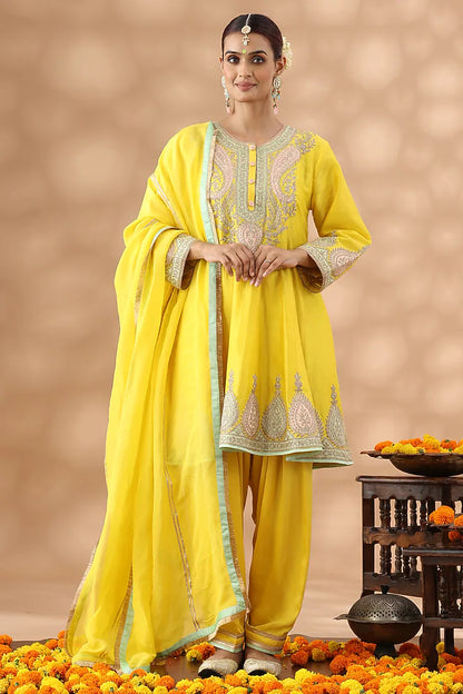 Yellow Banarasi Chanderi Kasab Embroidered Short Anarkali Set