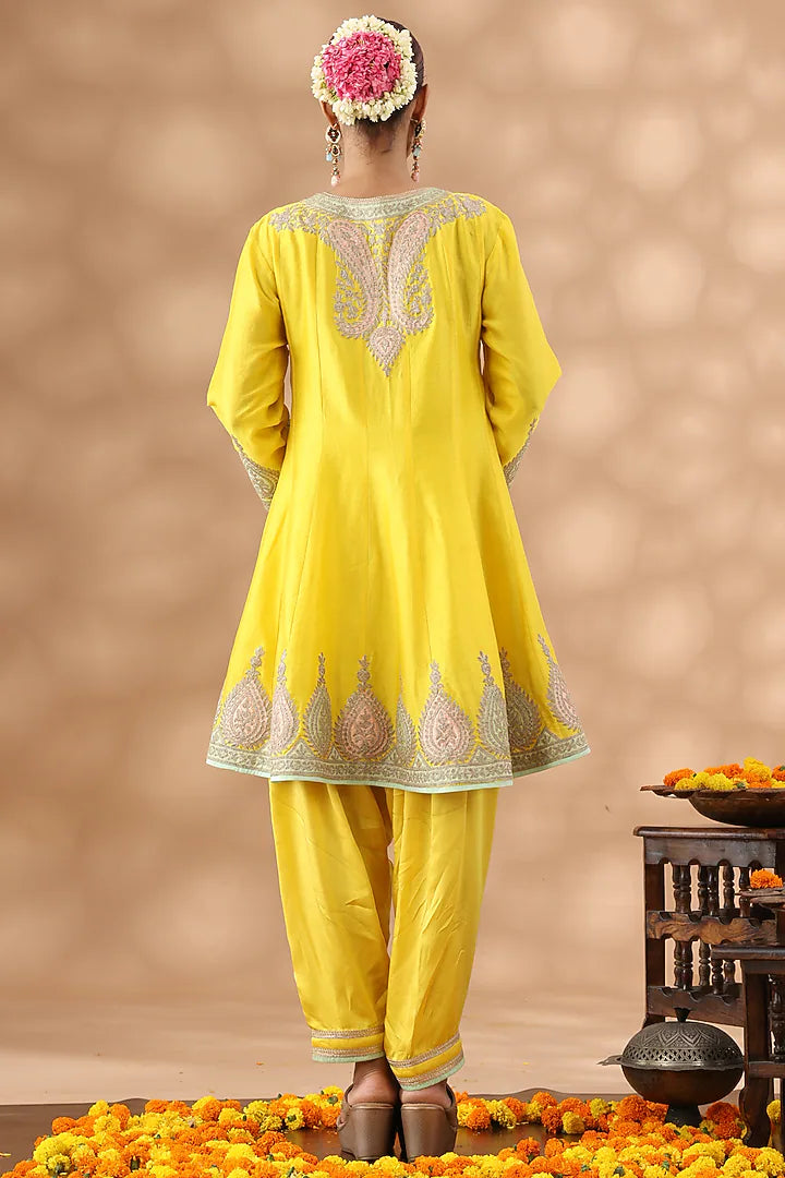 Yellow Banarasi Chanderi Kasab Embroidered Short Anarkali Set