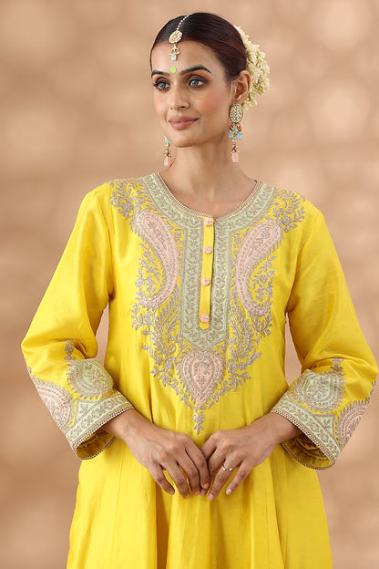 Yellow Banarasi Chanderi Kasab Embroidered Short Anarkali Set