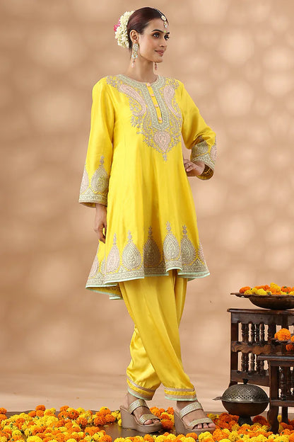 Yellow Banarasi Chanderi Kasab Embroidered Short Anarkali Set