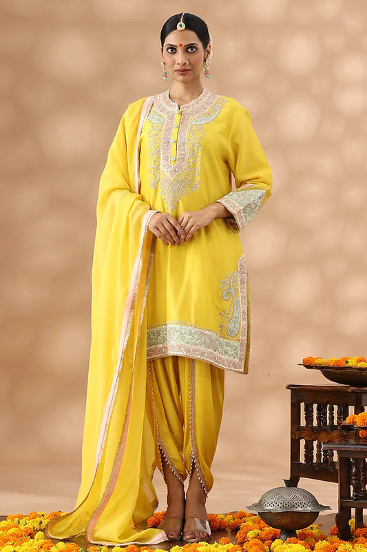 Yellow Banarasi Chanderi Kasab Embroidered Kurta Set