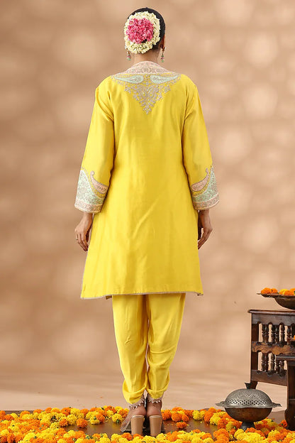 Yellow Banarasi Chanderi Kasab Embroidered Kurta Set