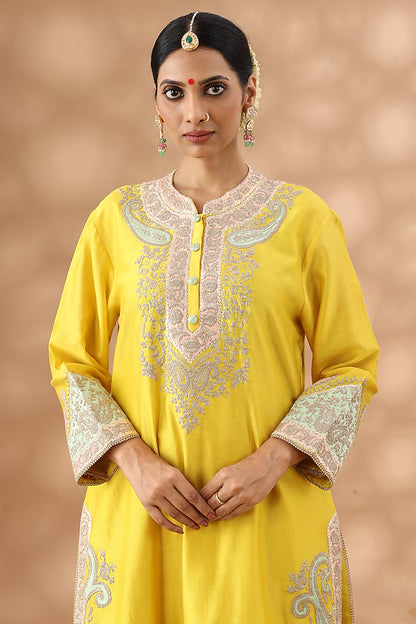 Yellow Banarasi Chanderi Kasab Embroidered Kurta Set