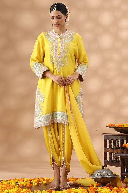 Yellow Banarasi Chanderi Kasab Embroidered Kurta Set