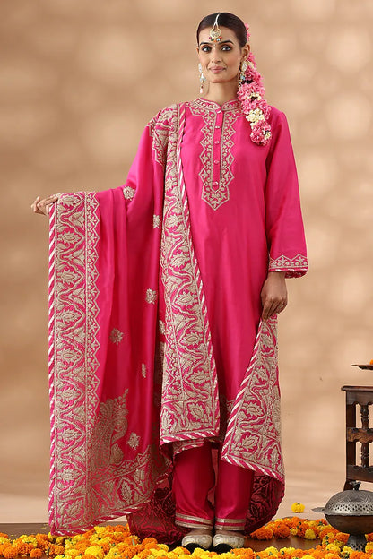 Hot Pink Banarasi Chanderi Kasab Embroidered Kurta Set
