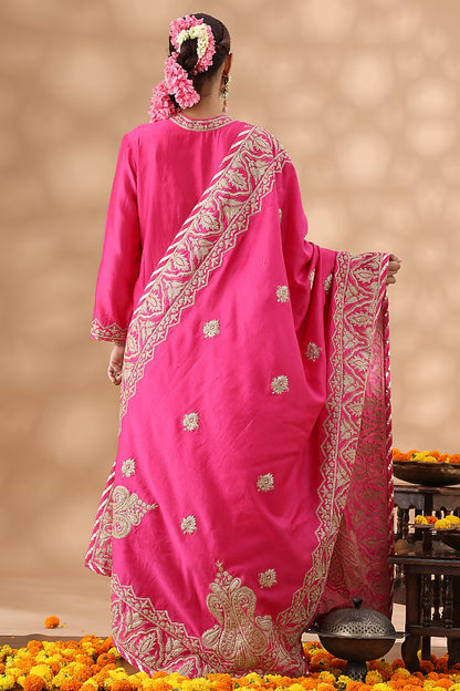 Hot Pink Banarasi Chanderi Kasab Embroidered Kurta Set