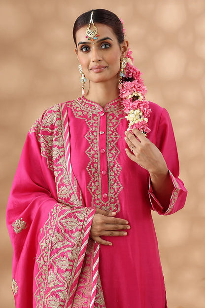 Hot Pink Banarasi Chanderi Kasab Embroidered Kurta Set