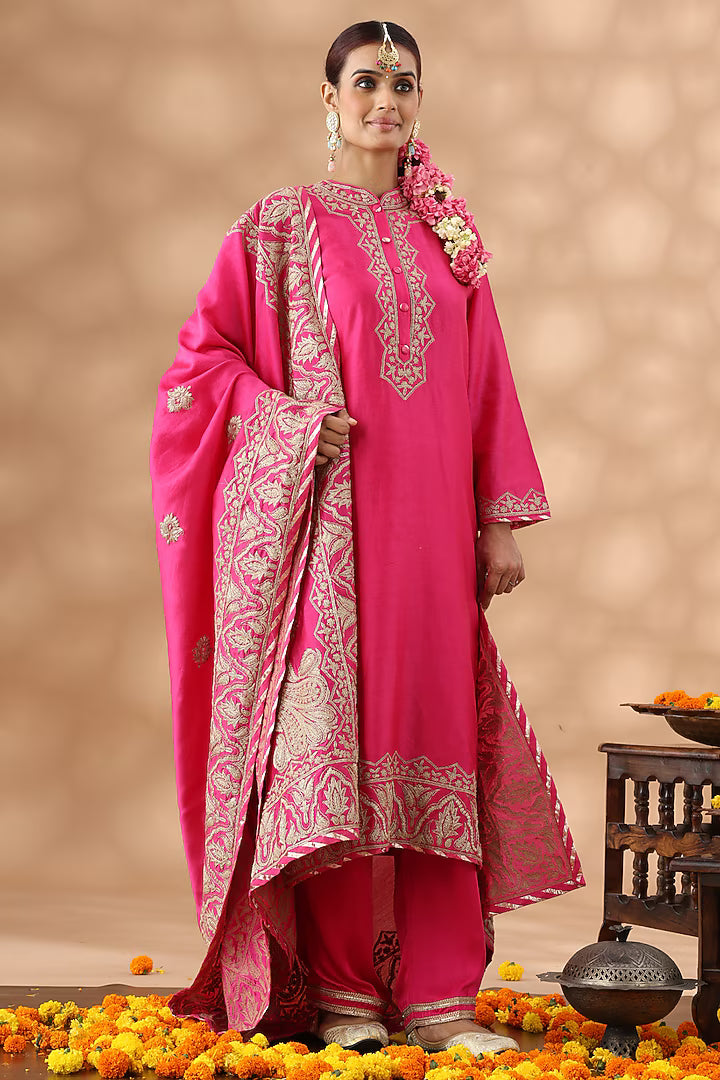 Hot Pink Banarasi Chanderi Kasab Embroidered Kurta Set