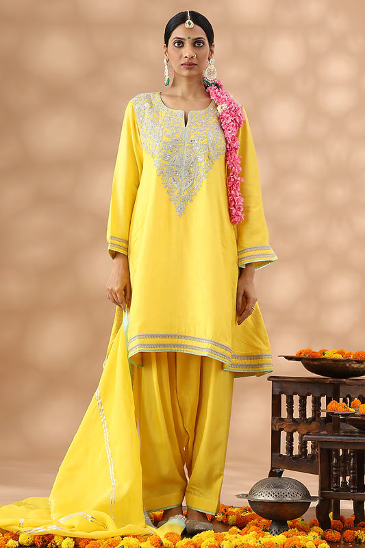 Marigold Yellow Cotton Kasab Embroidered Kurta Set