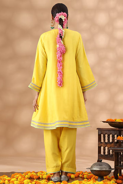 Marigold Yellow Cotton Kasab Embroidered Kurta Set