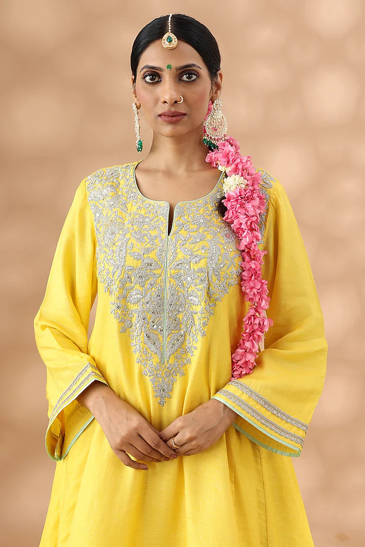 Marigold Yellow Cotton Kasab Embroidered Kurta Set
