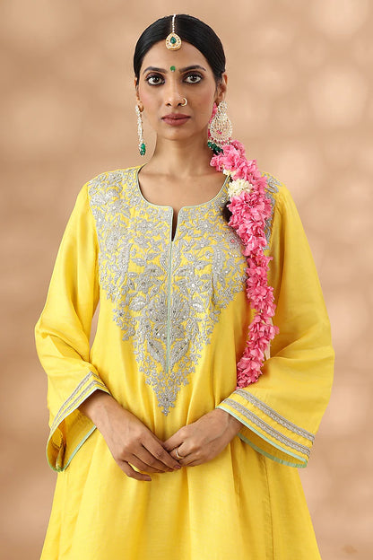 Marigold Yellow Cotton Kasab Embroidered Kurta Set