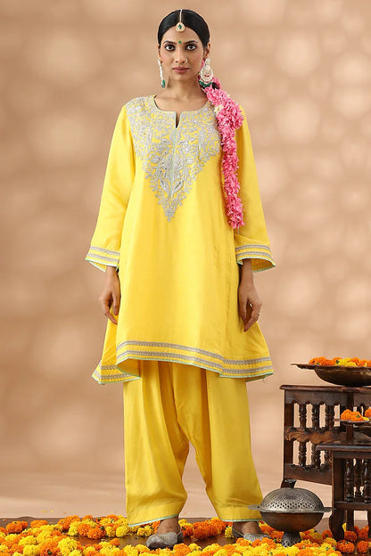 Marigold Yellow Cotton Kasab Embroidered Kurta Set