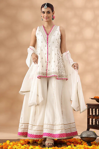 Pearl White Banarasi Chanderi Sequins Embroidered Sharara Set