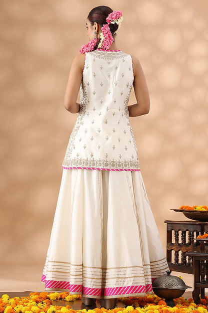 Pearl White Banarasi Chanderi Sequins Embroidered Sharara Set