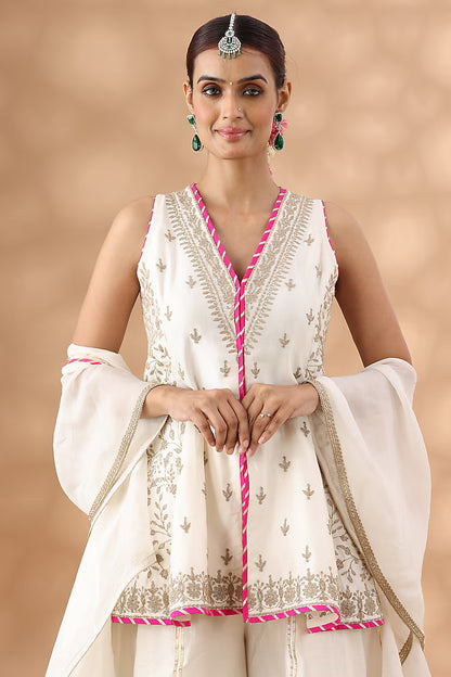 Pearl White Banarasi Chanderi Sequins Embroidered Sharara Set