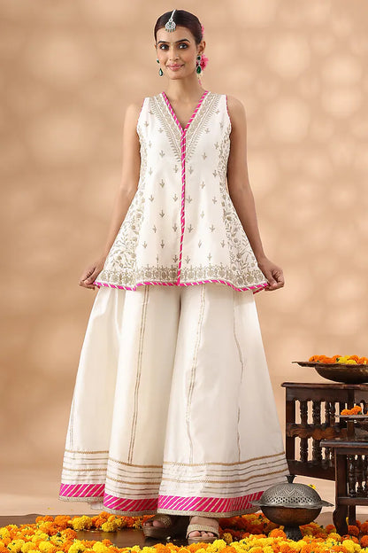 Pearl White Banarasi Chanderi Sequins Embroidered Sharara Set