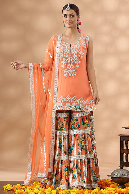 Peach Crepe Printed Gharara Set