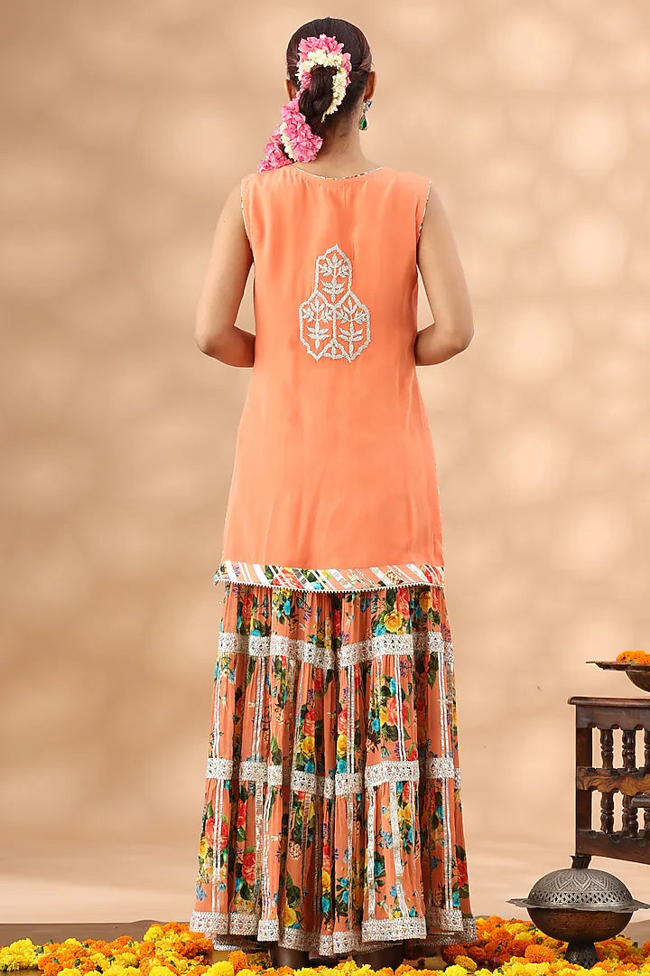 Peach Crepe Printed Gharara Set