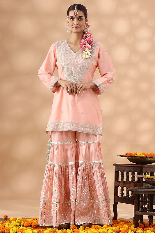 Peach Pure Silk Gota Work Gharara Set