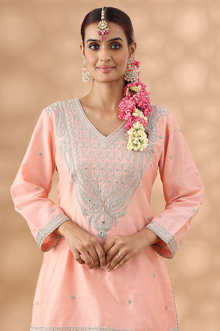 Peach Pure Silk Gota Work Gharara Set