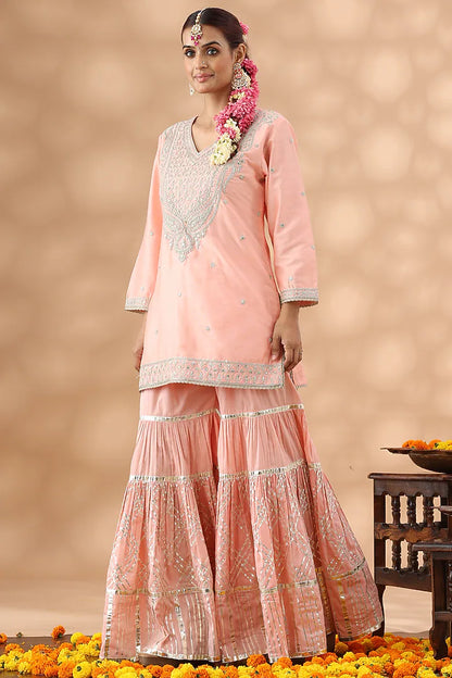 Peach Pure Silk Gota Work Gharara Set