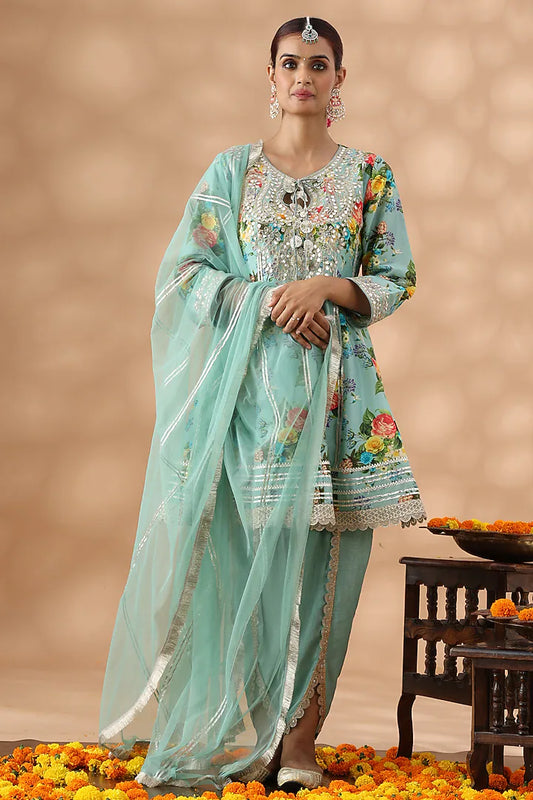Mint Green Cotton Printed Short Anarkali Set