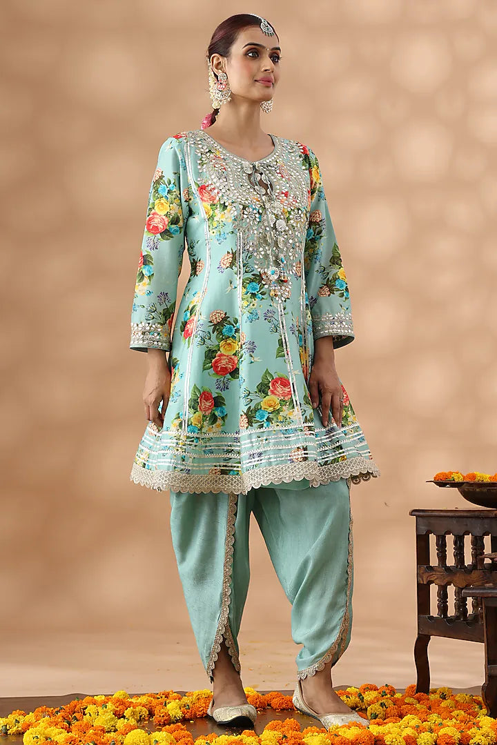 Mint Green Cotton Printed Short Anarkali Set