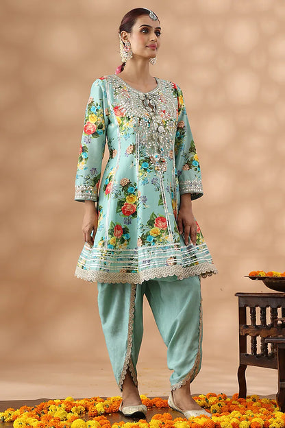 Mint Green Cotton Printed Short Anarkali Set