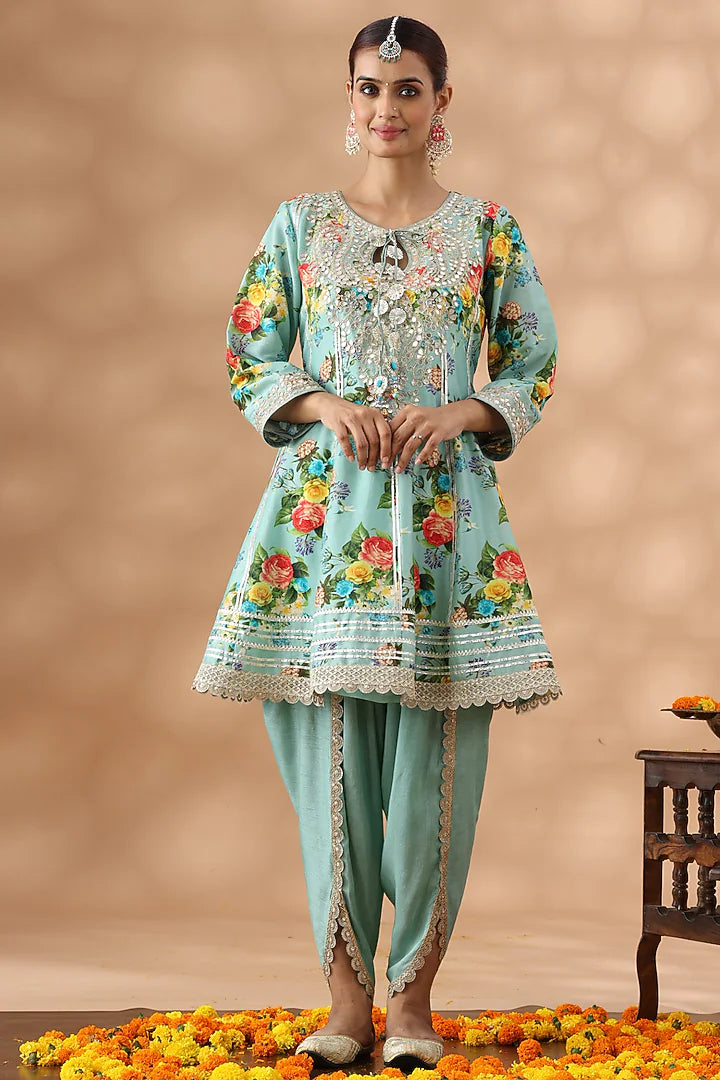 Mint Green Cotton Printed Short Anarkali Set