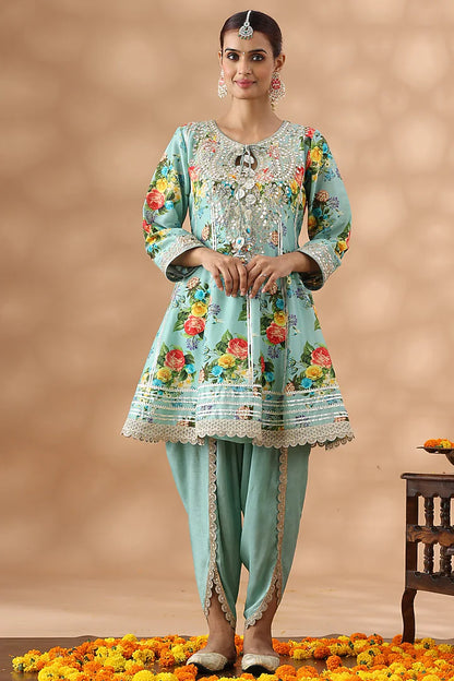 Mint Green Cotton Printed Short Anarkali Set
