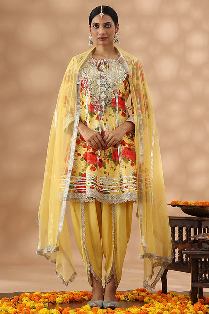 Light Mustard Cotton Printed Short Anarkali Set