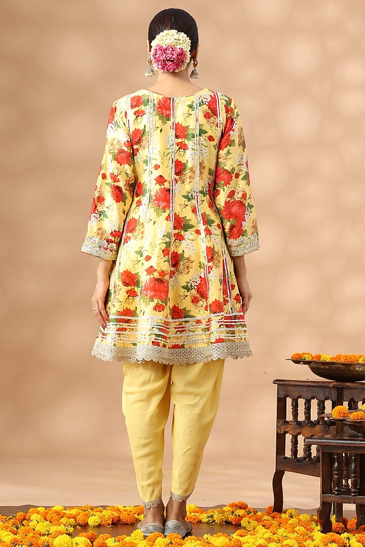 Light Mustard Cotton Printed Short Anarkali Set