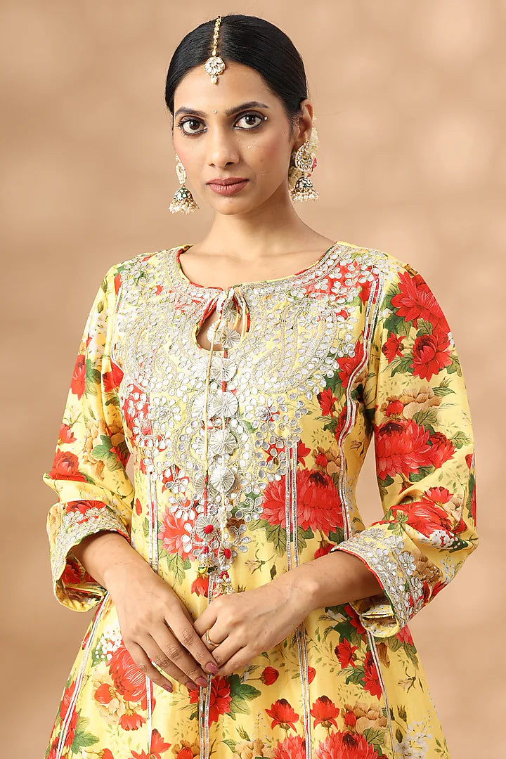 Light Mustard Cotton Printed Short Anarkali Set