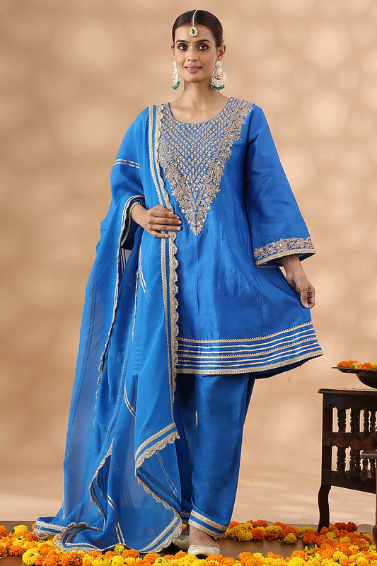 Mid Blue Banarasi Chanderi Kasab Embroidered Kalidar Kurta Set