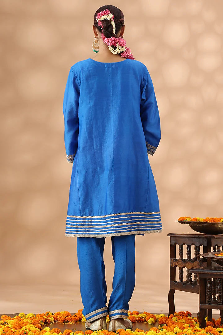 Mid Blue Banarasi Chanderi Kasab Embroidered Kalidar Kurta Set