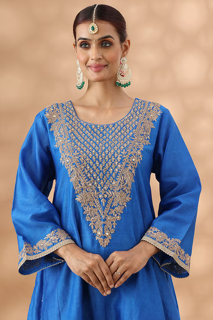 Mid Blue Banarasi Chanderi Kasab Embroidered Kalidar Kurta Set